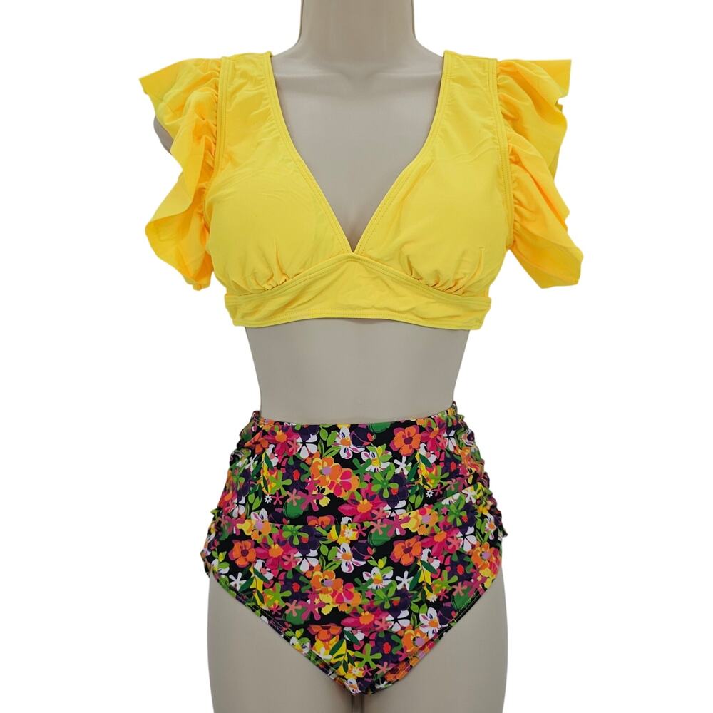 Zando Womans size S 2 Piece V-Neck Bikini Floral High Waist Swimsuit Yellow NWOT